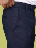 Men's Dark Blue Regular Fit Cotton Blend Trousers - Image 2