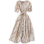 Women's Midi Dress | Half Sleeve Floral Print | V-Neck with Puff Sleeves | Front Button & Tie-Up Design"