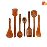 Natural Wooden Kitchen Tool Set | Brown-Yellowish Spoons for Dessert, Serving, Salad, Soup, and Table (Pack of 7)