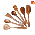 Brown-Yellowish Wooden Spoon Set | Versatile Kitchen Tools for Salad, Soup, Dessert, and More (Pack of 7