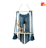 ZAWI Macrame Indoor Wall Hanging Shelf Chic Decor Wood Floating Boho Shelves  (Blue) - Image 3
