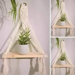ZAWI Macrame Indoor Wall Hanging Shelf Chic Decor Wood Floating Boho Shelves  (OFF WHITE)