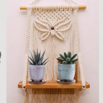 Fashionhub Butterfly Macrame Wall Hanging Shelf Wood Floatiing  (50 cm X 30 cm, White)