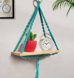 Homesake Turquoise Macrame Wall Hanging Shelf Floating Boho Shelves Hand Art Decor Wooden Wall Shelf  (Number of Shelves - 1, Blue)