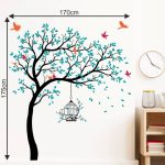 Large 200 cm Blue Tree Sticker with Birds and Cage | Self-Adhesive Wall Décor (Pack of 1) - Image 2