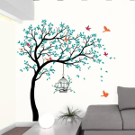 Large 200 cm Blue Tree Sticker with Birds and Cage | Self-Adhesive Wall Décor (Pack of 1)