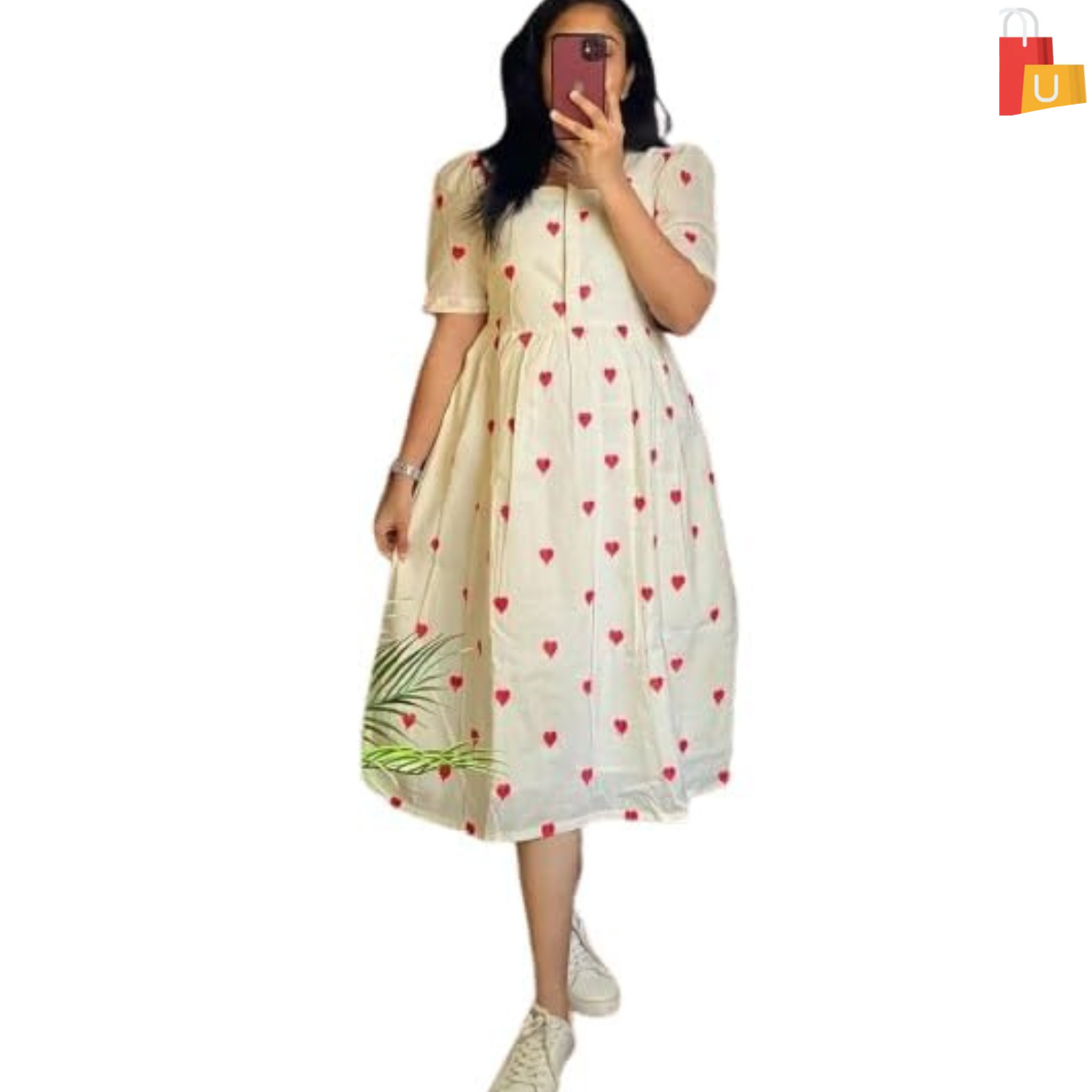 Untitled design - 2024-11-30T230140.106 Trendy Women's Fit-and-Flare White Dress with Heart Print | Rayon Short Dress with Square Neck & Flowy Skirt | Stylish Outfit for Women & Girls - Image 1