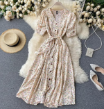 Women's Midi Dress | Half Sleeve Floral Print | V-Neck with Puff Sleeves | Front Button & Tie-Up Design" - Image 2