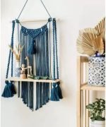 ZAWI Macrame Indoor Wall Hanging Shelf Chic Decor Wood Floating Boho Shelves  (Blue)