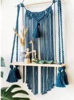 ZAWI Macrame Indoor Wall Hanging Shelf Chic Decor Wood Floating Boho Shelves  (Blue) - Image 4
