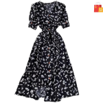 Women's Midi Dress | Half Sleeve Floral Print | V-Neck with Puff Sleeves | Front Button & Tie-Up Design"