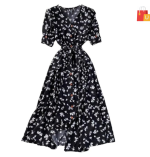 Women's Midi Dress | Half Sleeve Floral Print | V-Neck with Puff Sleeves | Front Button & Tie-Up Design"