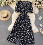 Women's Midi Dress | Half Sleeve Floral Print | V-Neck with Puff Sleeves | Front Button & Tie-Up Design" - Image 2