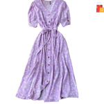 Women's Midi Dress | Half Sleeve Floral Print | V-Neck with Puff Sleeves | Front Button & Tie-Up Design"