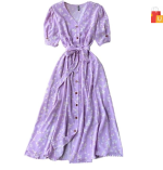 Women's Midi Dress | Half Sleeve Floral Print | V-Neck with Puff Sleeves | Front Button & Tie-Up Design"