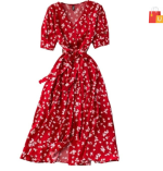 Women's Midi Dress | Half Sleeve Floral Print | V-Neck with Puff Sleeves | Front Button & Tie-Up Design"