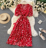 Women's Midi Dress | Half Sleeve Floral Print | V-Neck with Puff Sleeves | Front Button & Tie-Up Design" - Image 2