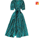 Women's Midi Dress | Half Sleeve Floral Print | V-Neck with Puff Sleeves | Front Button & Tie-Up Design"