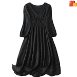 Women’s & Girls’ Black Midi Dress | Casual One-Piece Dress with V-Neck, Lantern Sleeves, and Tie-Front Closure