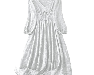 Women’s & Girls’  White Midi Dress | Casual One-Piece Dress with V-Neck, Lantern Sleeves, and Tie-Front Closure