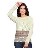 Cream Printed T-Shirt for Women | Wool Blend with Round Neck