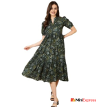 Antaran Chic Floral Print Puff Sleeve Midi Dress for Casual & Party Wear