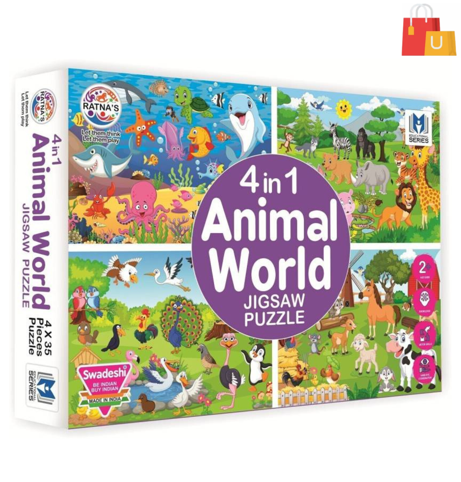 Untitled design - 2024-12-26T095116.846 Ratnas 4-in-1 Animal World Jigsaw Puzzle for Kids (140 Pieces Total) - Image 1