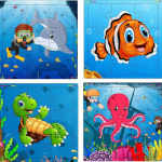 Fiddly's Wood Jigsaw Puzzles for Children - Sea World Collection (Pack of 4, 9 Pieces Each)