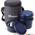 Oliveware New Mini Insulated Lunch Box with 3 Leak-Proof Containers (1350 ml, Orange, Thermoware Design for Hot & Fresh Meals)