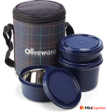 Oliveware New Mini Insulated Lunch Box with 3 Leak-Proof Containers (1350 ml, Orange, Thermoware Design for Hot & Fresh Meals)