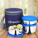 Oliveware Stainless Steel Lunch Box with Insulated Fabric Bag (690 ml, 3 Containers, Ideal for Office Use, Leak-Proof Design)