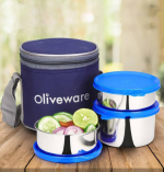 Oliveware Stainless Steel Lunch Box with Insulated Fabric Bag (690 ml, 3 Containers, Ideal for Office Use, Leak-Proof Design)