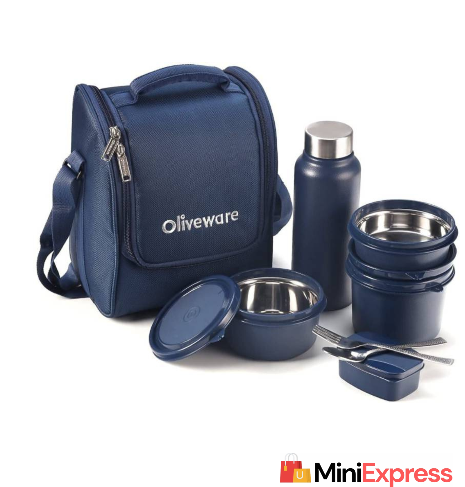 Untitled design - 2024-12-27T094737.112 Oliveware Teso Pro Lunch Box | 3 Stainless Steel Containers | Plastic Pickle Box | Steel Spoon & Fork | Insulated Fabric Bag | Leak Proof | Microwave Safe | Full Meal | Easy to Carry | Black 4 Containers Lunch Box (1470 ml, Thermoware) - Image 1