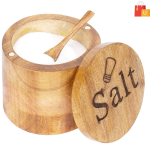 Round Wooden Salt Cellar with Magnetic Lid and Spoon - Image 3