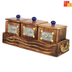 Wooden 3-Container Canister Set with Tray & Lid for Tea, Coffee, and Sugar – 600ml Capacity