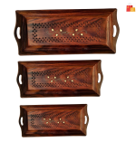 Doon Furniture Wooden Serving Tray Set | Handcrafted Trays with Brass Detailing
