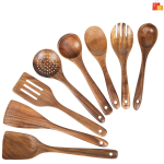 Wooden Cooking Spoon Set | Teak Wood Spoons & Spatula for Stirring, Baking, and Nonstick Cookware (8 Pieces)