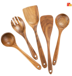 AIUHI Mondayou Handmade Natural Teak Wood Organic Spoons for Nonstick Cookware – Set of 5