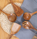 AIUHI Mondayou Handmade Natural Teak Wood Organic Spoons for Nonstick Cookware – Set of 5 - Image 2