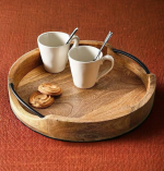Craft Mshopr Round Wooden Tray with Iron Handles – Perfect for Serving and Display