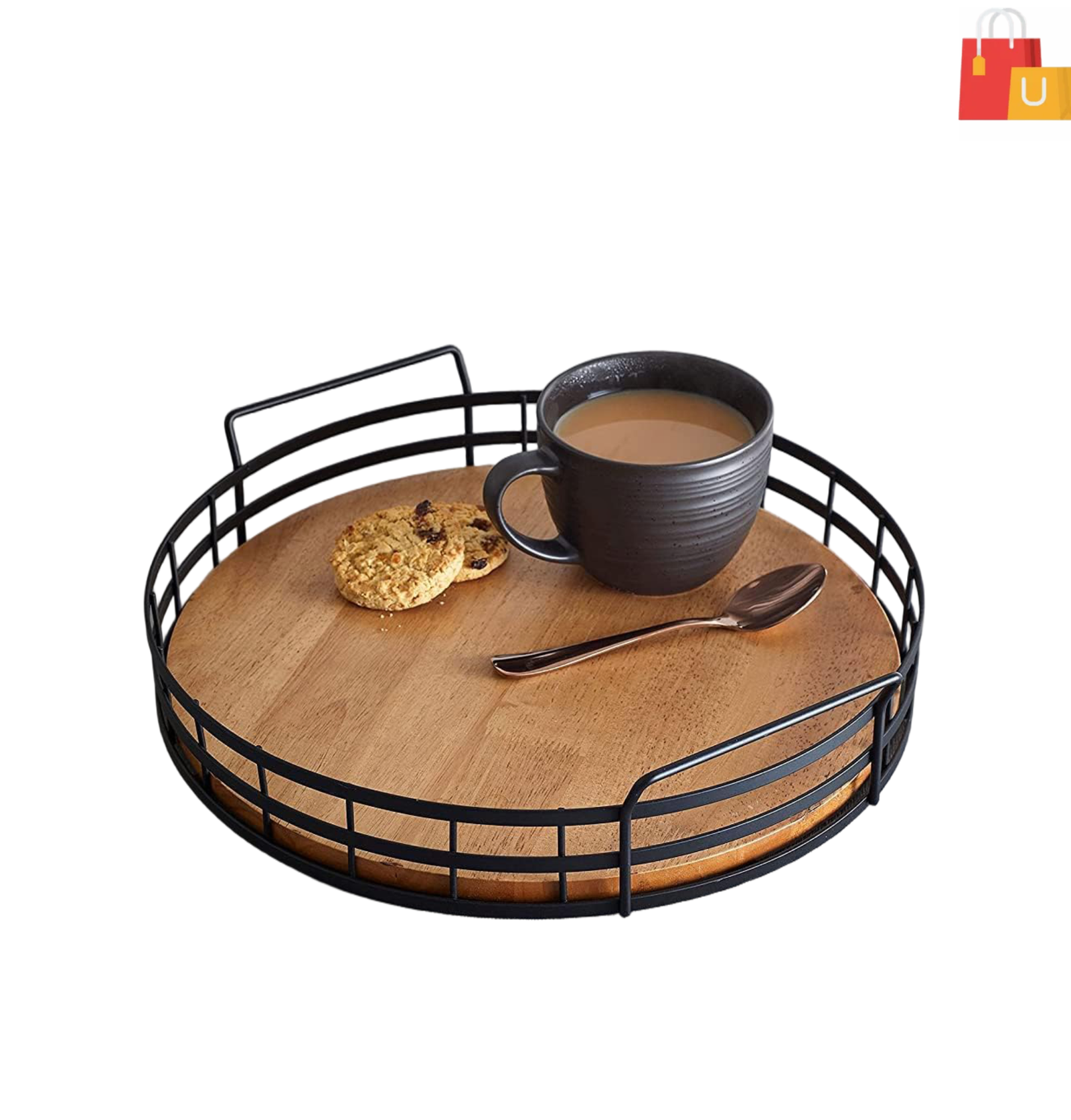 united design (59) Stylish Wood and Metal Round Tray – Ideal for Serving and Décor - Image 1